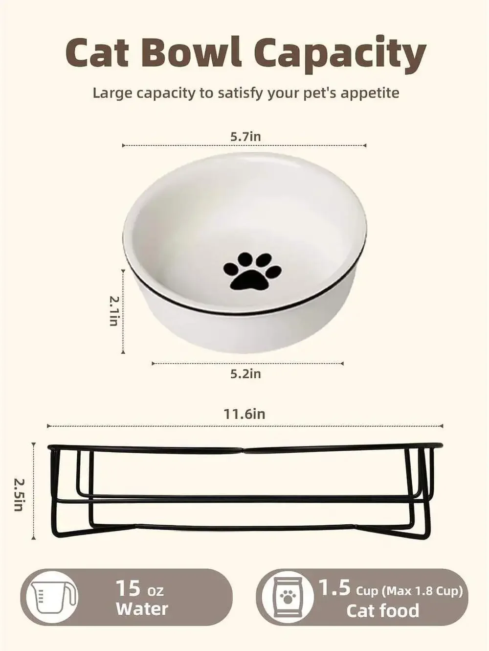 Raised Ceramic Dog Bowls with Metal Stand, 15oz Double Bowl Set